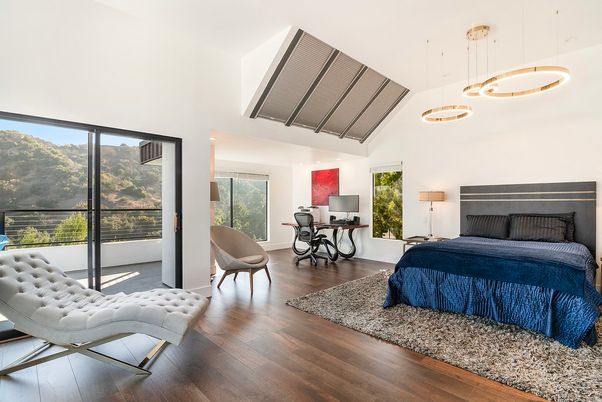 Bedroom, Interior, Pendant Lights, Wood Texture Flooring