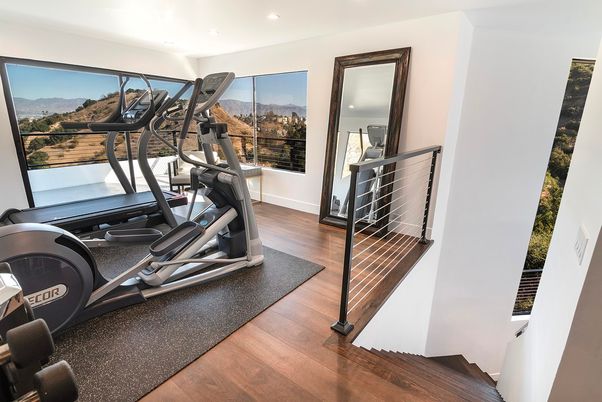 Fitness Equipment, Gym, Interior, Recessed Lighting, Wood Texture Flooring
