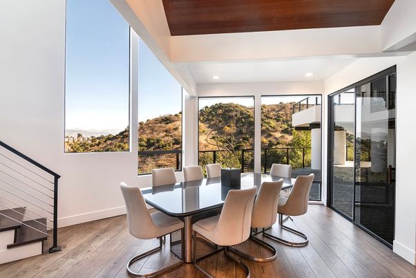 Dining room, Interior, Recessed Lighting, Wood Texture Flooring