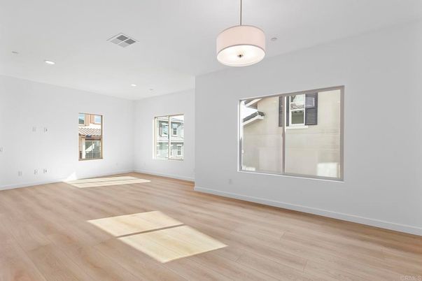 Empty room, Interior, Pendant Lights, Recessed Lighting, Wood Texture Flooring
