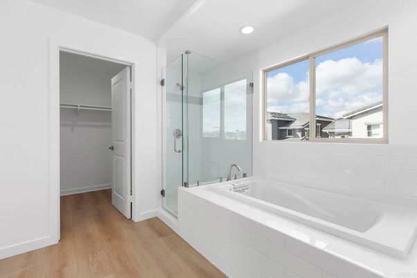 Bathroom, Glass Shower, Interior, Recessed Lighting, Wood Texture Flooring