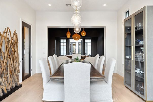 Dining room, Interior, Pendant Lights, Recessed Lighting, Wood Texture Flooring