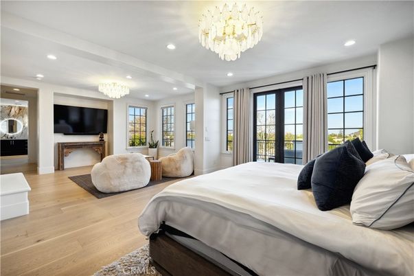 Bedroom, Chandelier, Interior, Recessed Lighting, Wood Texture Flooring