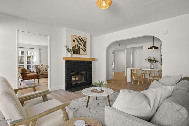 Dining room, Fireplace, Interior, Living room, Pendant Lights, Wood Texture Flooring