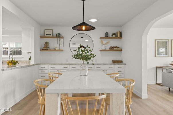 Dining room, Interior, Pendant Lights, Recessed Lighting, Wood Texture Flooring