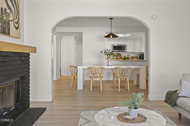 Fireplace, Interior, Kitchen, Pendant Lights, Wood Texture Flooring