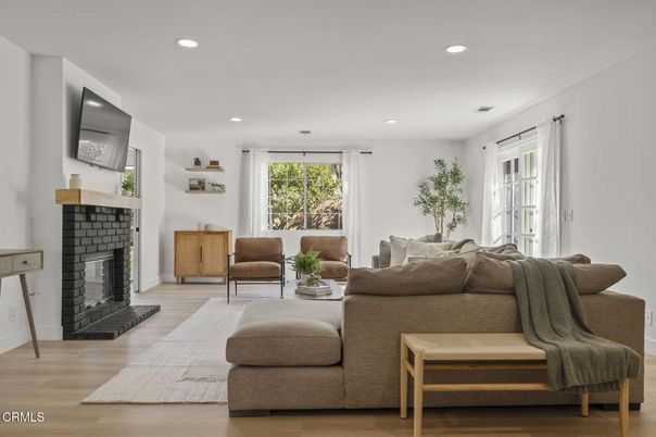 Fireplace, Interior, Living room, Recessed Lighting, Wood Texture Flooring