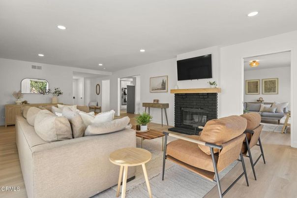 Fireplace, Interior, Living room, Recessed Lighting, Wood Texture Flooring