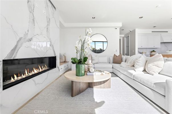 Fireplace, Interior, Living room, Marble Walls, Recessed Lighting