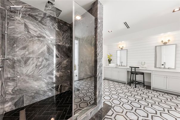 Bathroom, Glass Shower, Interior, Marble Walls, Recessed Lighting
