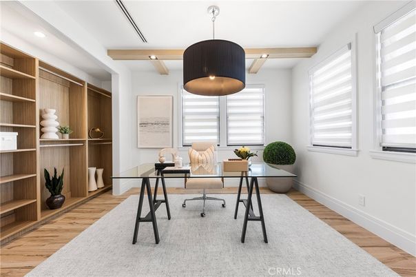 Home Office, Interior, Recessed Lighting, Wooden Beams, Wood Texture Flooring