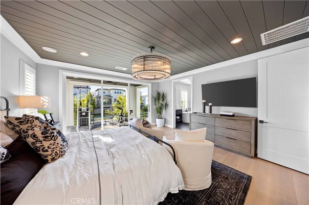 Bedroom, Chandelier, Interior, Recessed Lighting, Wood Texture Flooring