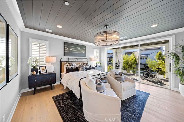 Bedroom, Chandelier, Interior, Recessed Lighting, Wood Texture Flooring
