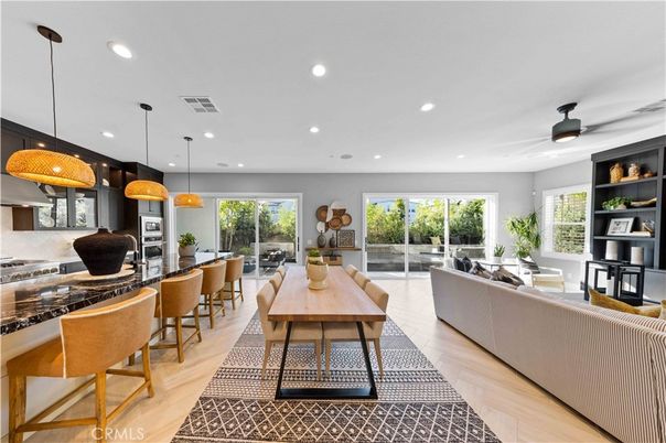 Dining room, Interior, Kitchen, Living room, Pendant Lights, Recessed Lighting, Stainless Steel Appliances, Wood Texture Flooring