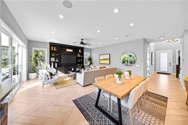 Dining room, Interior, Living room, Recessed Lighting, Wood Texture Flooring