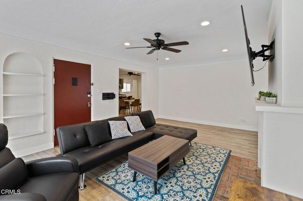 Dining room, Interior, Living room, Recessed Lighting, Wood Texture Flooring