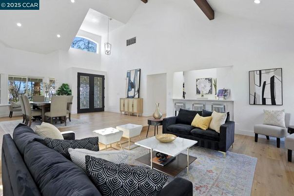 Dining room, Interior, Living room, Pendant Lights, Recessed Lighting, Wooden Beams, Wood Texture Flooring
