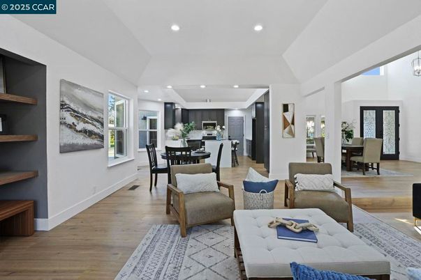 Dining room, Interior, Kitchen, Living room, Pendant Lights, Recessed Lighting, Stainless Steel Appliances, Wood Texture Flooring