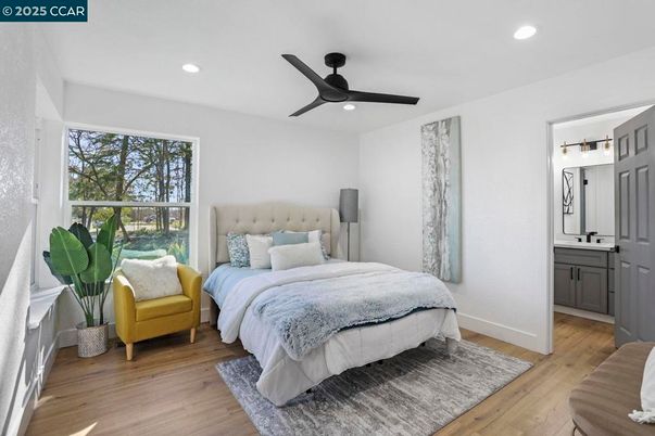 Bedroom, Interior, Recessed Lighting, Wood Texture Flooring
