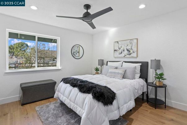 Bedroom, Interior, Recessed Lighting, Wood Texture Flooring