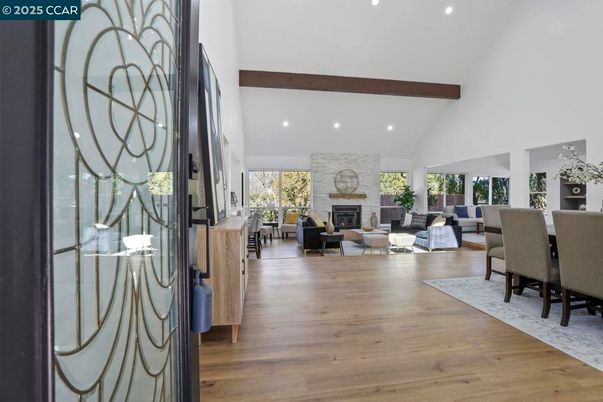 Dining room, Fireplace, Interior, Living room, Recessed Lighting, Wooden Beams, Wood Texture Flooring