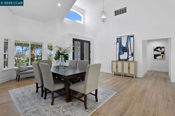 Dining room, Interior, Pendant Lights, Recessed Lighting, Wood Texture Flooring