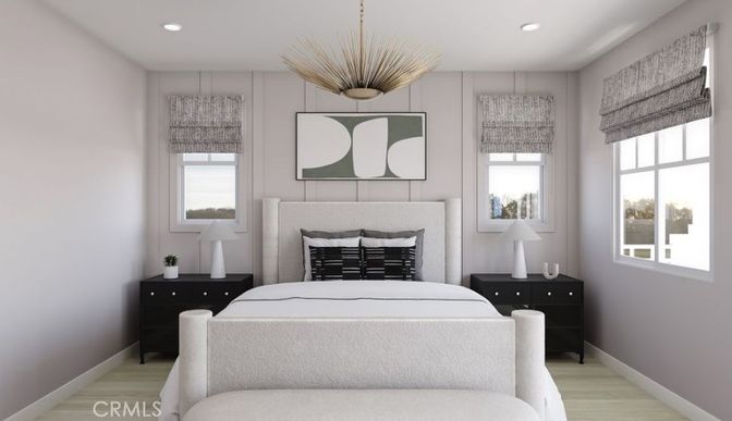 Bedroom, Interior, Pendant Lights, Recessed Lighting, Wood Texture Flooring