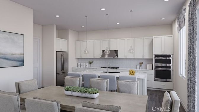 Dining room, Interior, Kitchen, Pendant Lights, Recessed Lighting, Stainless Steel Appliances, Wood Texture Flooring