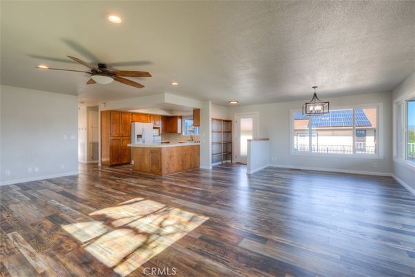 Empty room, Interior, Kitchen, Pendant Lights, Recessed Lighting, Wood Texture Flooring