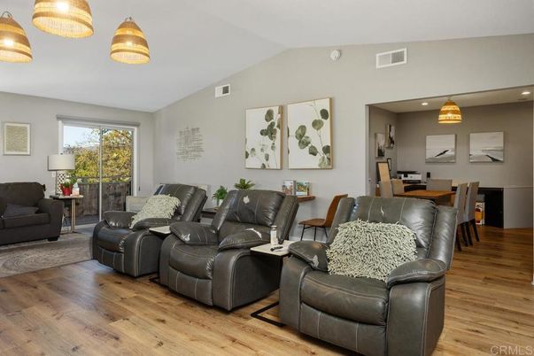 Dining room, Interior, Living room, Recessed Lighting, Wood Texture Flooring