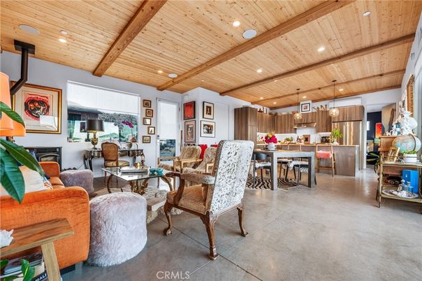 Dining room, Interior, Kitchen, Living room, Pendant Lights, Recessed Lighting, Stainless Steel Appliances, Wooden Beams, Wooden Ceilings