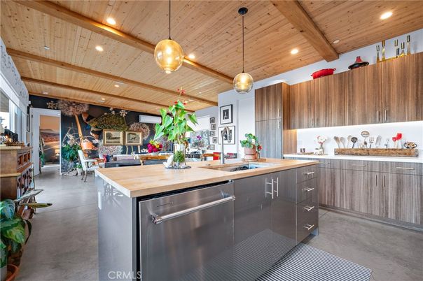Interior, Kitchen, Pendant Lights, Recessed Lighting, Stainless Steel Appliances, Stone Walls, Wooden Beams, Wooden Ceilings