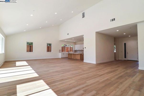 Empty room, Interior, Kitchen, Recessed Lighting, Wood Texture Flooring