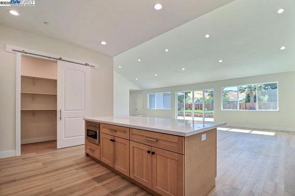 Empty room, Interior, Kitchen, Recessed Lighting, Wood Texture Flooring