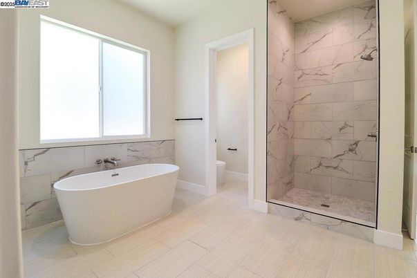 Bathroom, Free Standing Baths, Interior, Marble Walls, Wood Texture Flooring