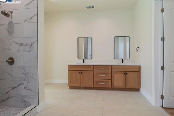 Bathroom, Dual Sink Vanities, Interior, Marble Walls, Recessed Lighting