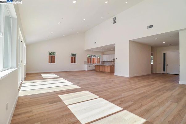Empty room, Interior, Kitchen, Recessed Lighting, Wood Texture Flooring