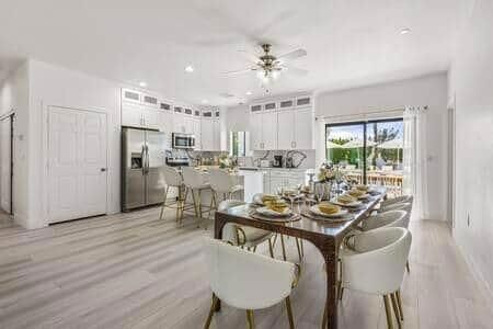 Dining room, Interior, Kitchen, Recessed Lighting, Stainless Steel Appliances, Wood Texture Flooring