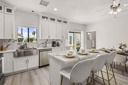 Dining room, Interior, Kitchen, Recessed Lighting, Stainless Steel Appliances, Wood Texture Flooring