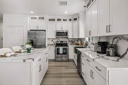 Interior, Kitchen, Recessed Lighting, Stainless Steel Appliances, Wood Texture Flooring