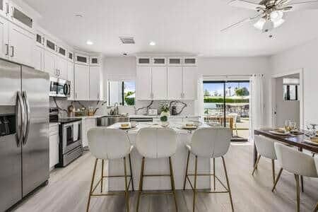Dining room, Interior, Kitchen, Recessed Lighting, Stainless Steel Appliances, Water, Wood Texture Flooring