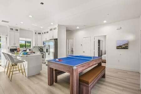 Billiard Table, Game Room, Interior, Kitchen, Recessed Lighting, Stainless Steel Appliances, Wood Texture Flooring