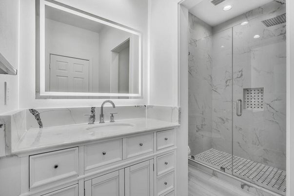 Bathroom, Glass Shower, Interior, Marble Walls, Recessed Lighting