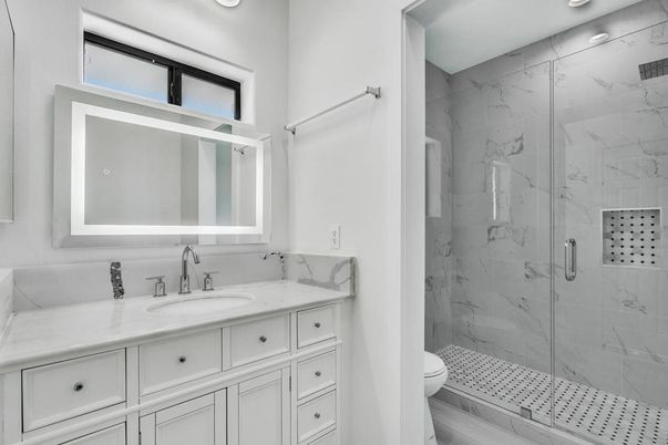 Bathroom, Glass Shower, Interior, Marble Walls, Recessed Lighting