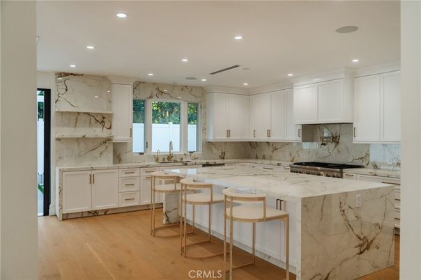 Interior, Kitchen, Marble Walls, Recessed Lighting, Wood Texture Flooring