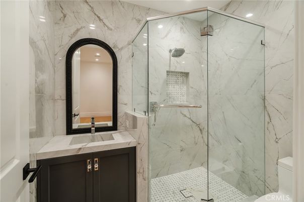 Bathroom, Glass Shower, Interior, Marble Walls, Recessed Lighting