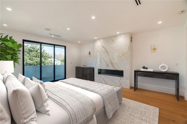 Bedroom, Fireplace, Interior, Marble Walls, Recessed Lighting, Wood Texture Flooring