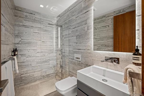 Bathroom, Glass Shower, Interior, Marble Walls, Recessed Lighting