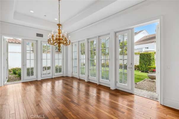 Chandelier, Empty room, Interior, Recessed Lighting, Wood Texture Flooring
