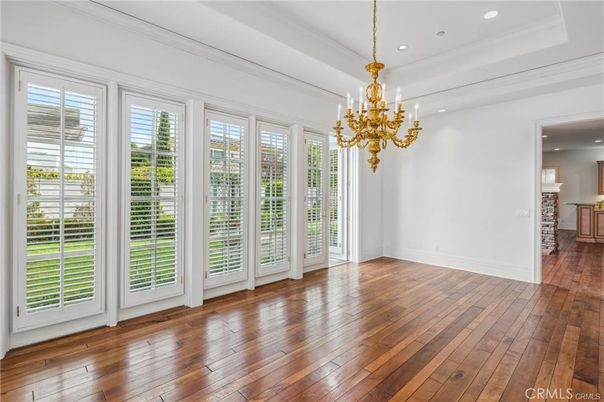 Chandelier, Empty room, Interior, Recessed Lighting, Wood Texture Flooring